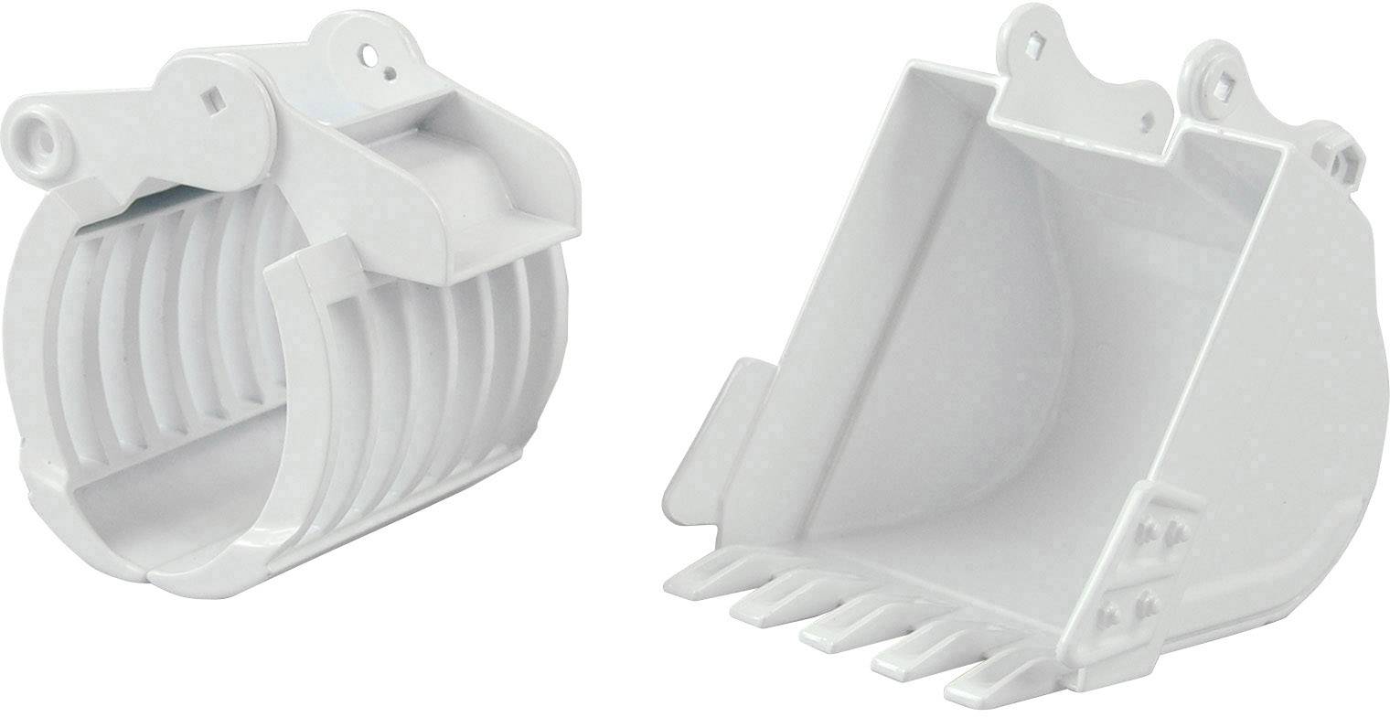 Deux godets de pelle différemment configurés, l'un avec des mâchoires de préhension et l'autre avec des dents rigides, symbolisent les possibilités d'utilisation polyvalentes.