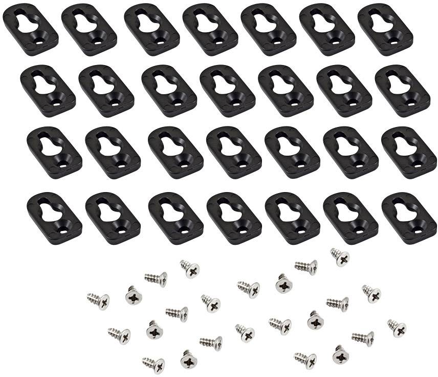 Clips en plastique noir en cinq rangées, avec des vis argentées en dessous. Ils servent à la fixation ou au montage.