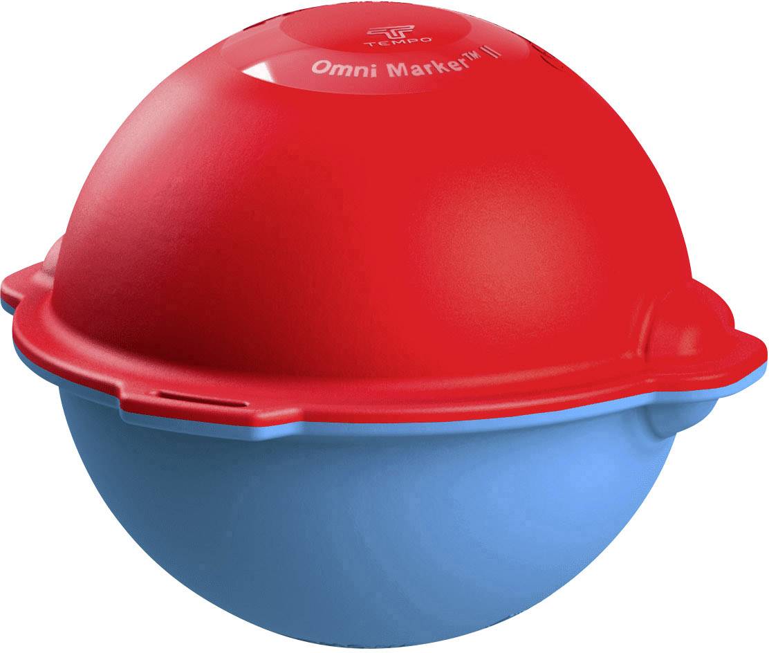 Un objet rond en plastique rouge et bleu portant l'inscription 