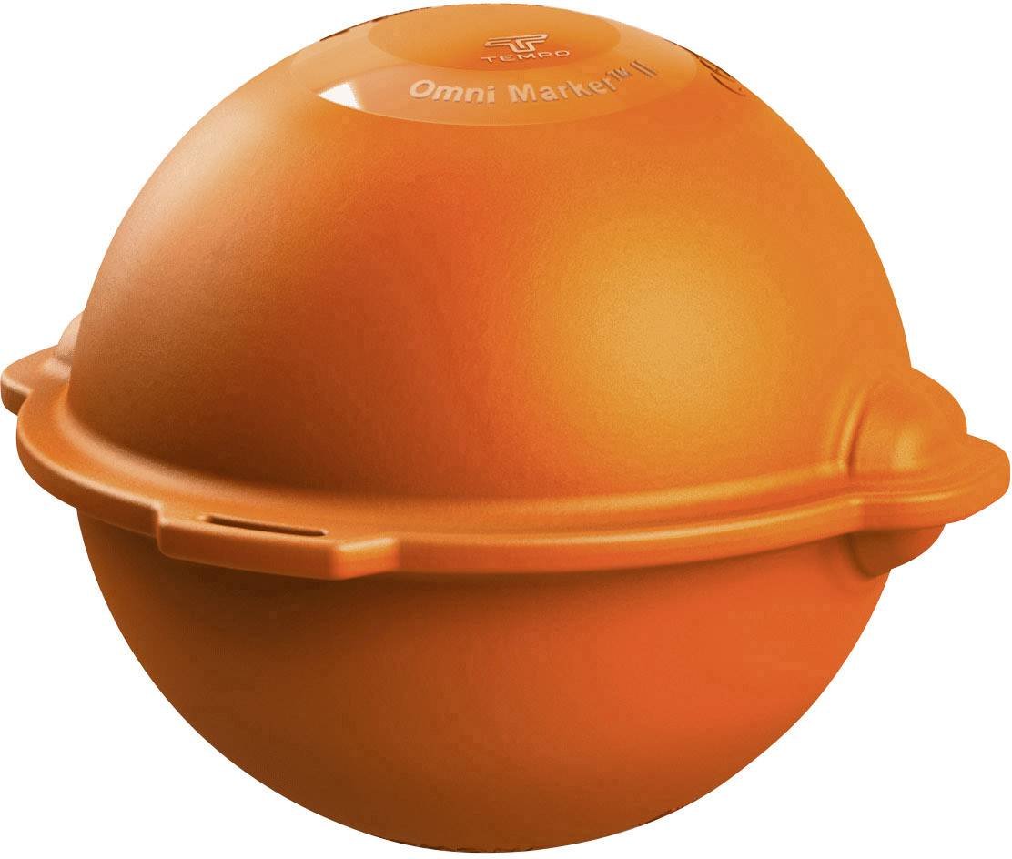 Conteneur rond orange flottant portant l'inscription 'Omni Marker II', utilisé pour marquer les conduites sous-marines.