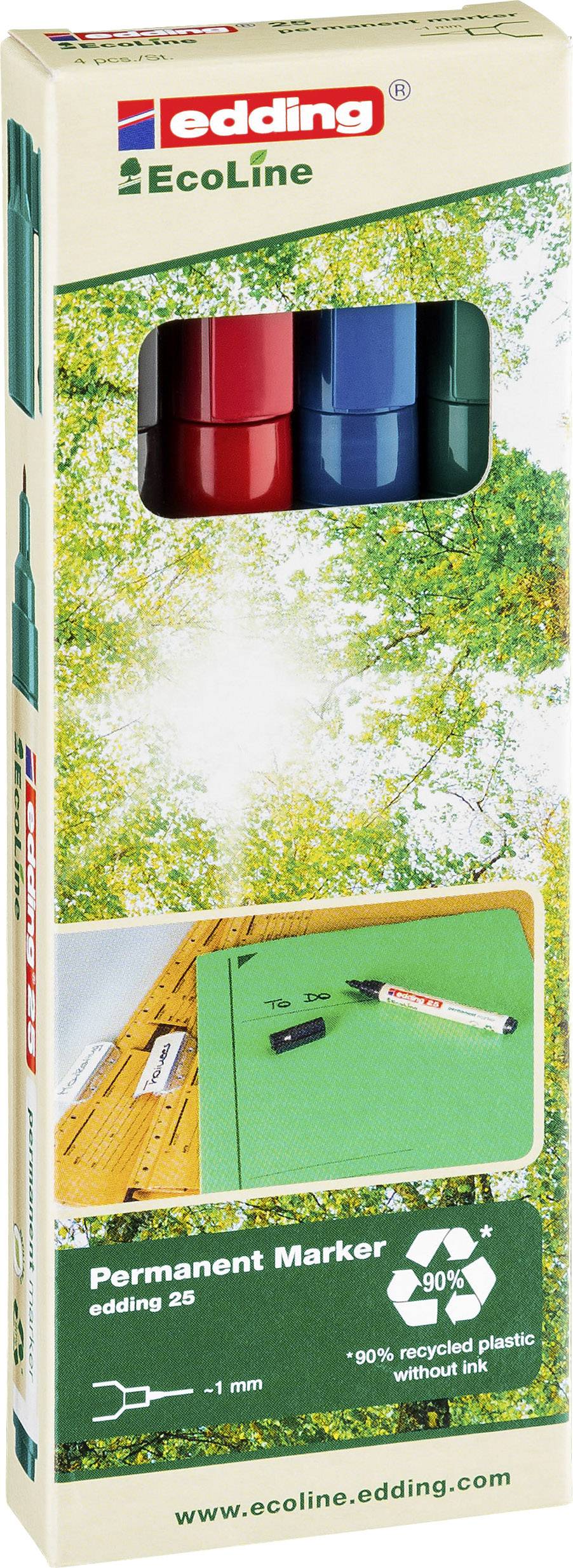 Edding 25 EcoLine 4-25-4 Marqueur permanent noir, rouge, bleu, vert résiste à l'eau: oui