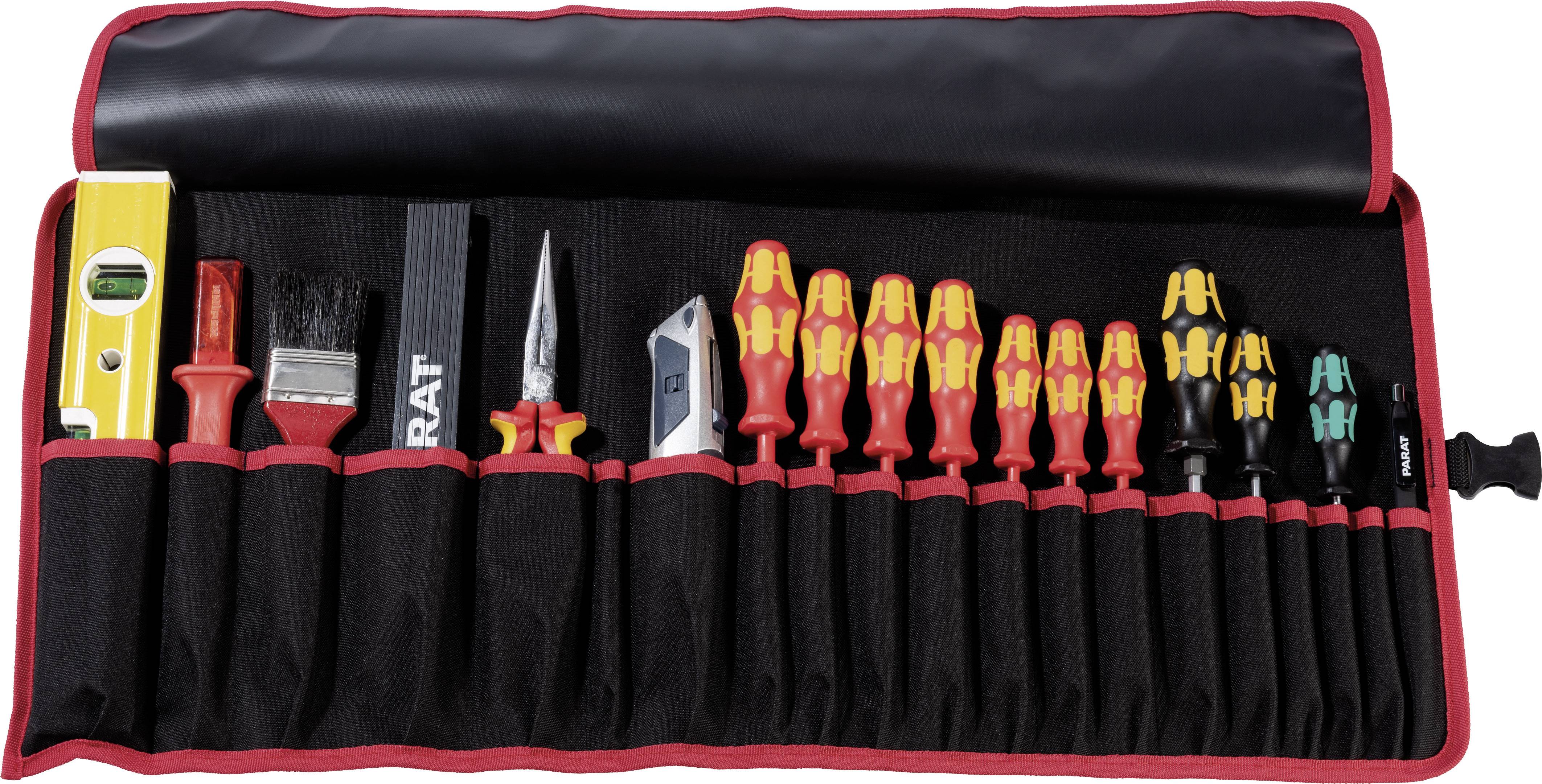 Trousse à outils contenant divers outils manuels : niveau à bulle, pinceau, pince, couteau à tapis et tournevis de différentes tailles.