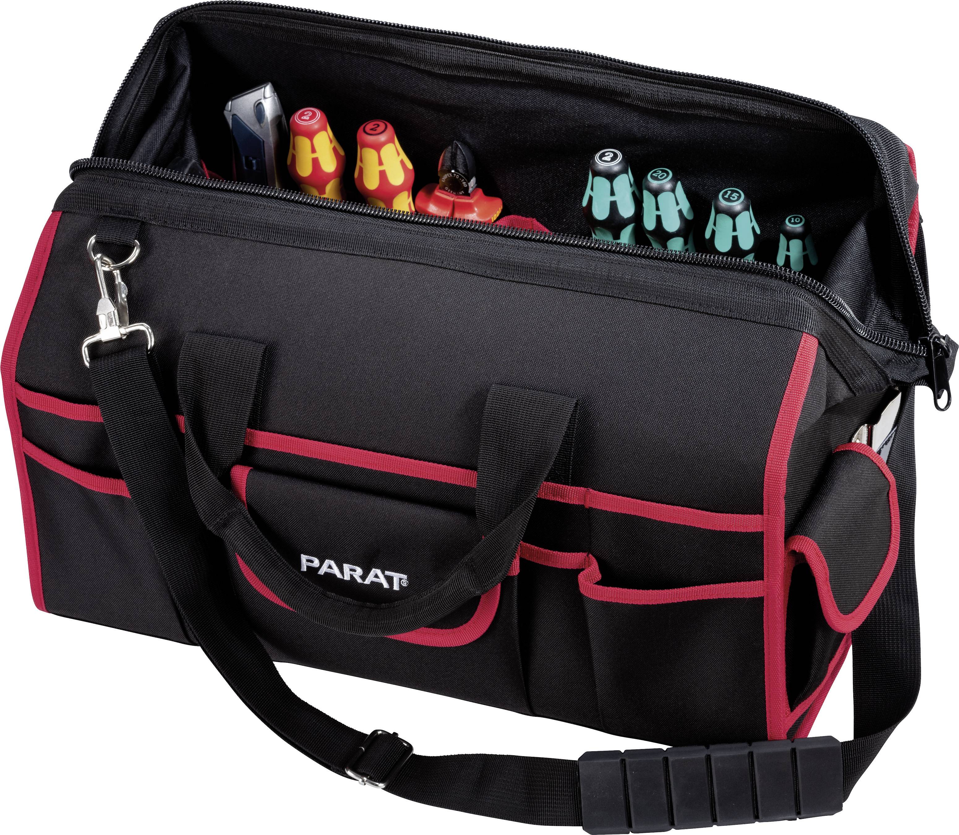 Sac à outils noir avec des accents rouges, compartiment principal ouvert et plusieurs poches. Contient des outils et est marqué 'PARAT'.