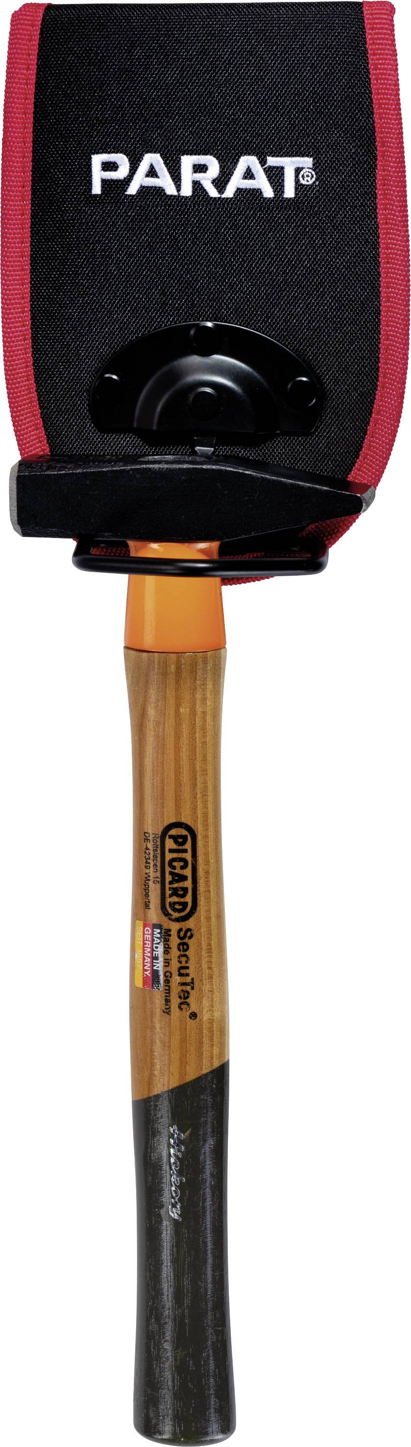 Un marteau dans un support noir avec un bord rouge sur lequel est inscrit 'PARAT'. Le marteau possède un manche en bois et une finition accentuée en orange.