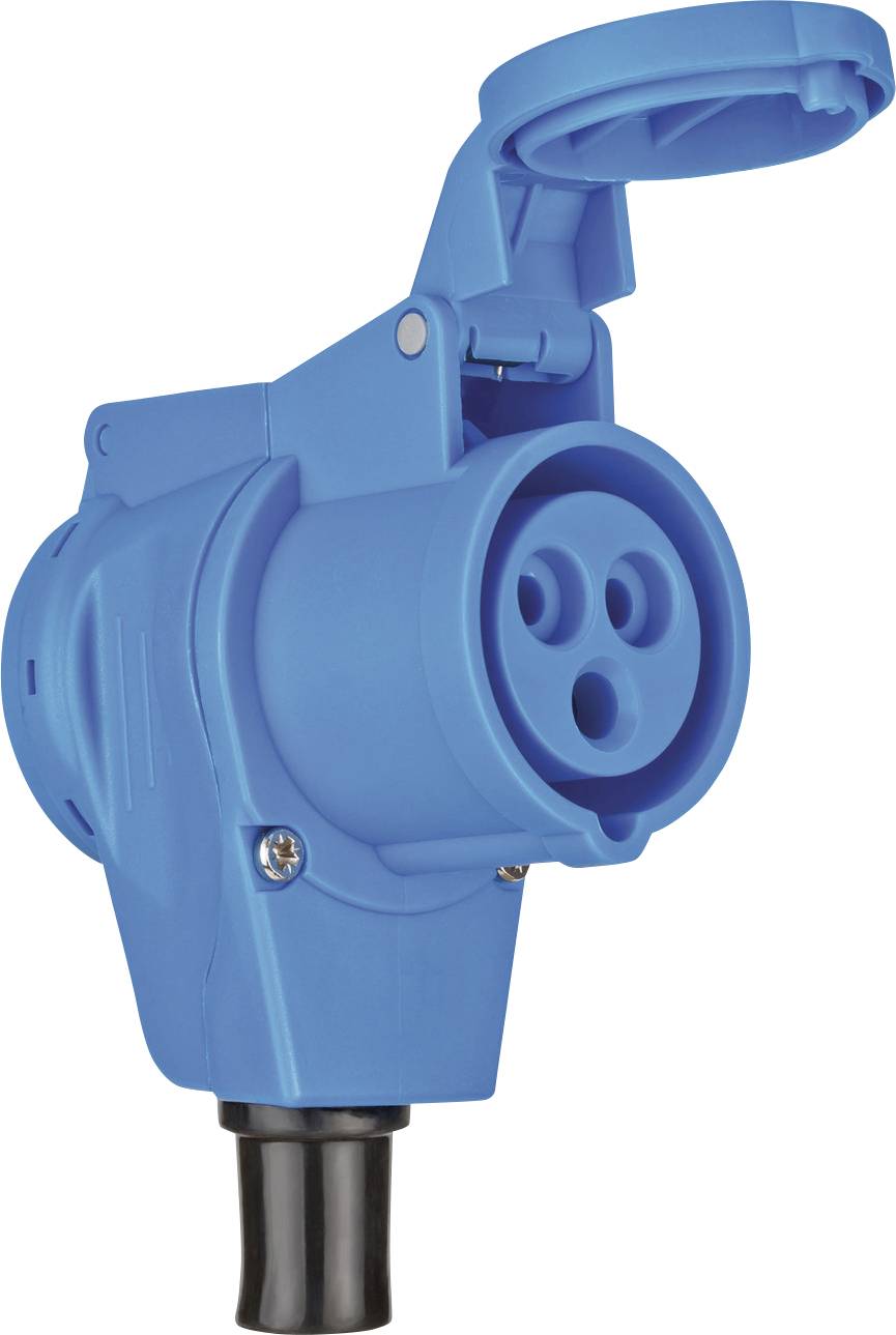 Connecteur électrique industriel bleu avec capuchon de protection articulé et trois ouvertures de prise, présenté sur fond blanc.
