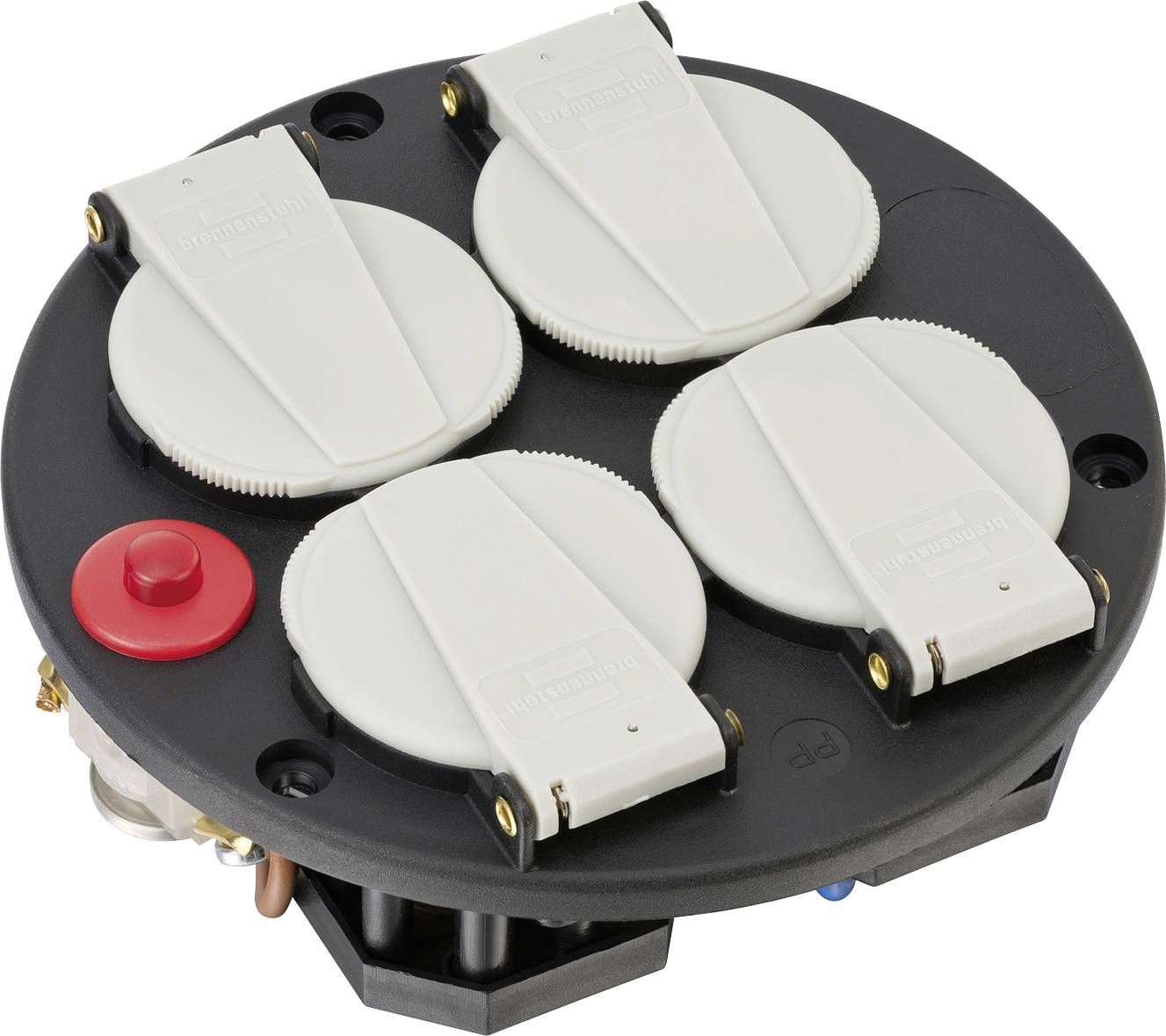 Composant électrique noir circulaire avec quatre commutateurs rotatifs blancs et un bouton-poussoir rouge, probablement un module de contrôle ou un assemblage de sélecteur.