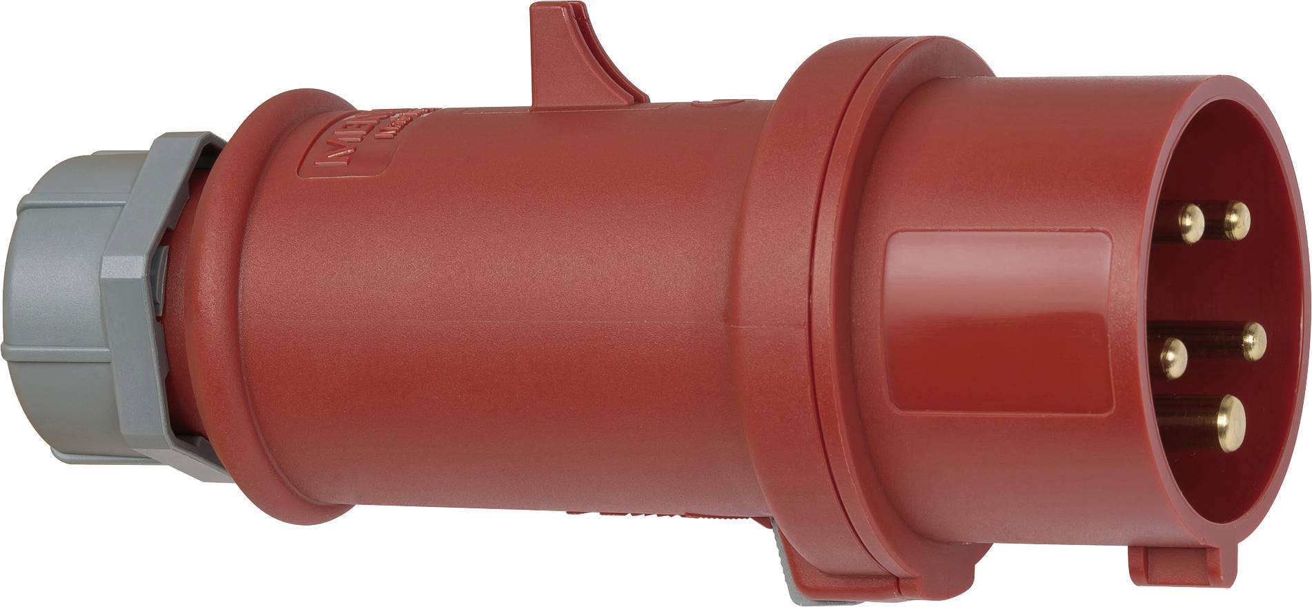 Connecteur électrique industriel rouge avec presse-étoupe de câble gris et quatre broches métalliques