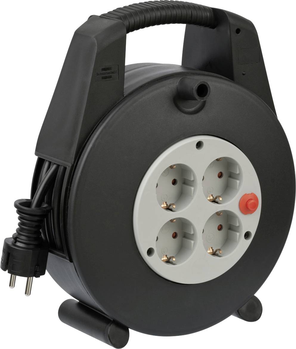 Bobine de câble portable avec prise de courant à quatre prises et cordon d'extension enroulé, illustrée avec la fiche attachée.