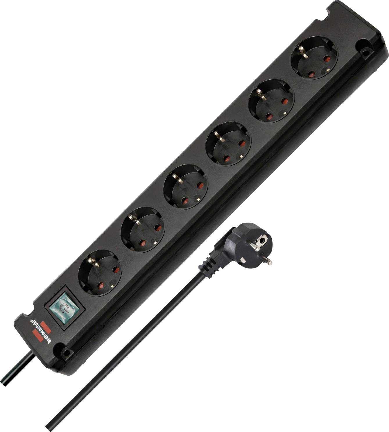 Bloc d'alimentation noir avec parasurtenseur comportant sept prises, interrupteur illuminé, et fiche européenne attachée avec câble sur fond blanc.