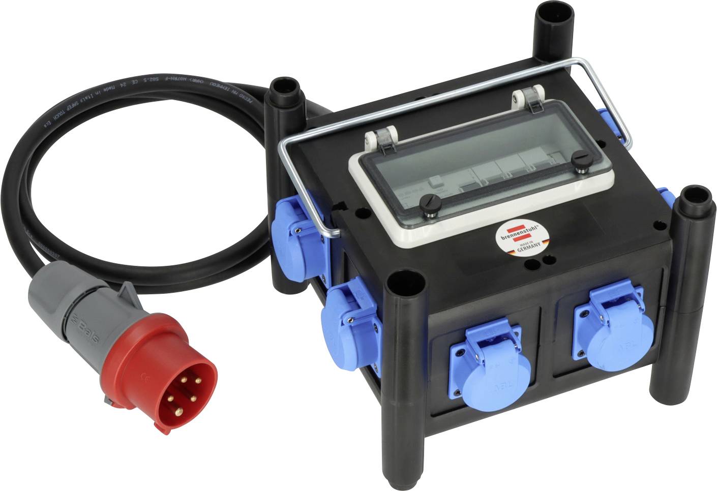 Boîtier de commande électrique noir portatif avec écran et connecteurs de câble bleus, attaché à une fiche industrielle rouge et un câble d'alimentation.