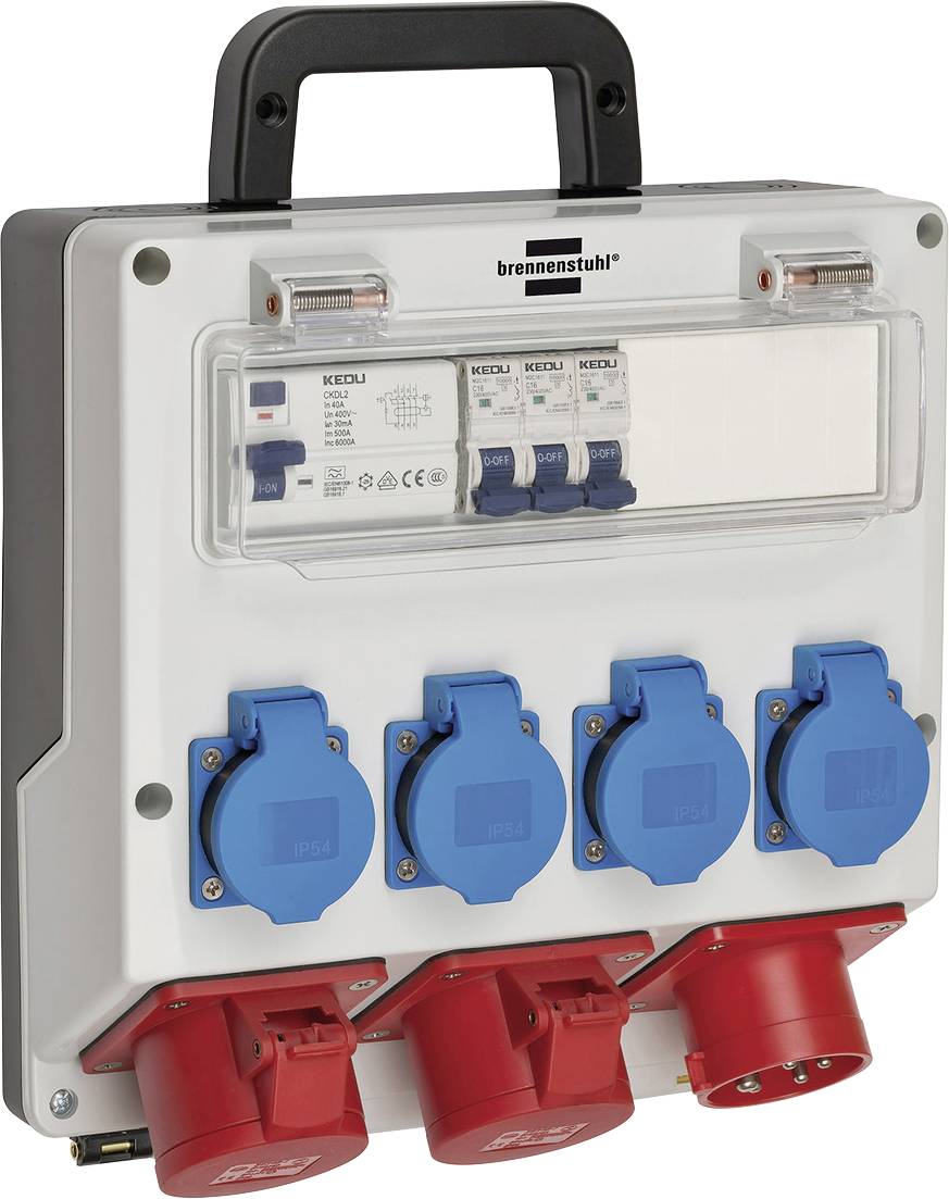 Boîte de distribution électrique portative avec poignée, couvercle transparent, disjoncteurs, quatre prises bleues et trois prises rouges.