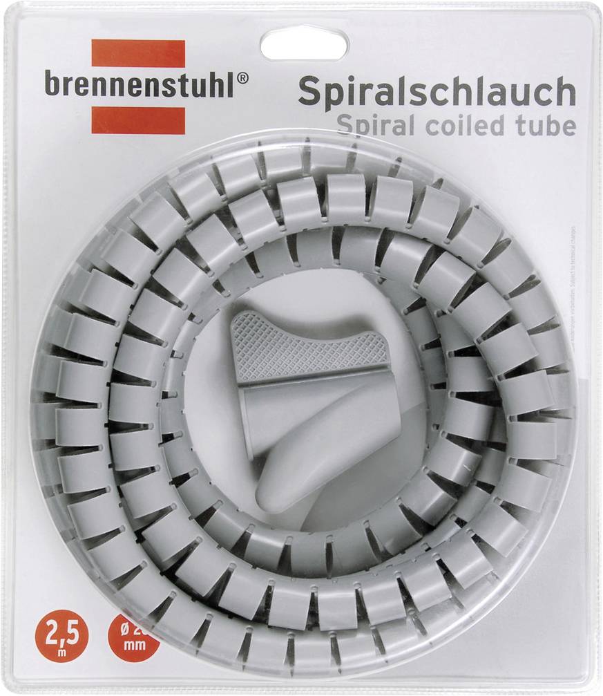 Emballage pour le tuyau spiralé Brennenstuhl 'Spiralschlauch', présenté en spirale dans un boîtier en plastique transparent avec un clip gris d'organisation de câbles ; les étiquettes indiquent 2,5 m et 4 mm.