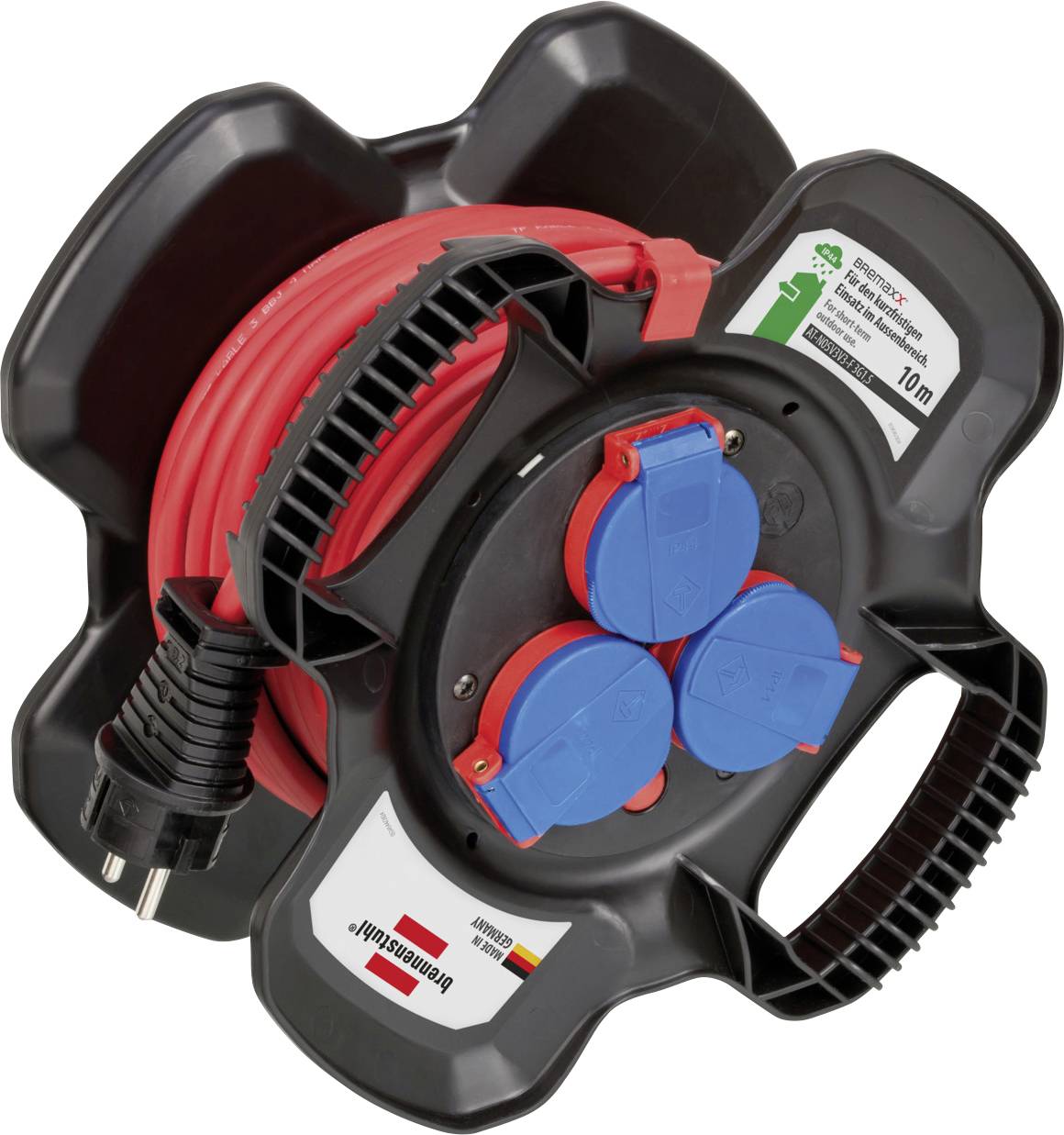 Enrouleur de câble portable avec cordon de rallonge rouge, boîtier noir et prises de courant européennes bleues pour usage électrique.