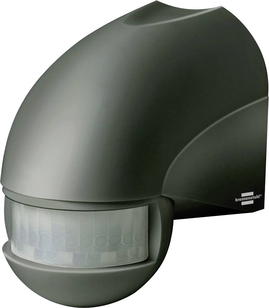 Lumière capteur de mouvement extérieure gris foncé avec un dôme arrondi et une fenêtre de capteur infrarouge blanc, présentée sur un fond blanc.