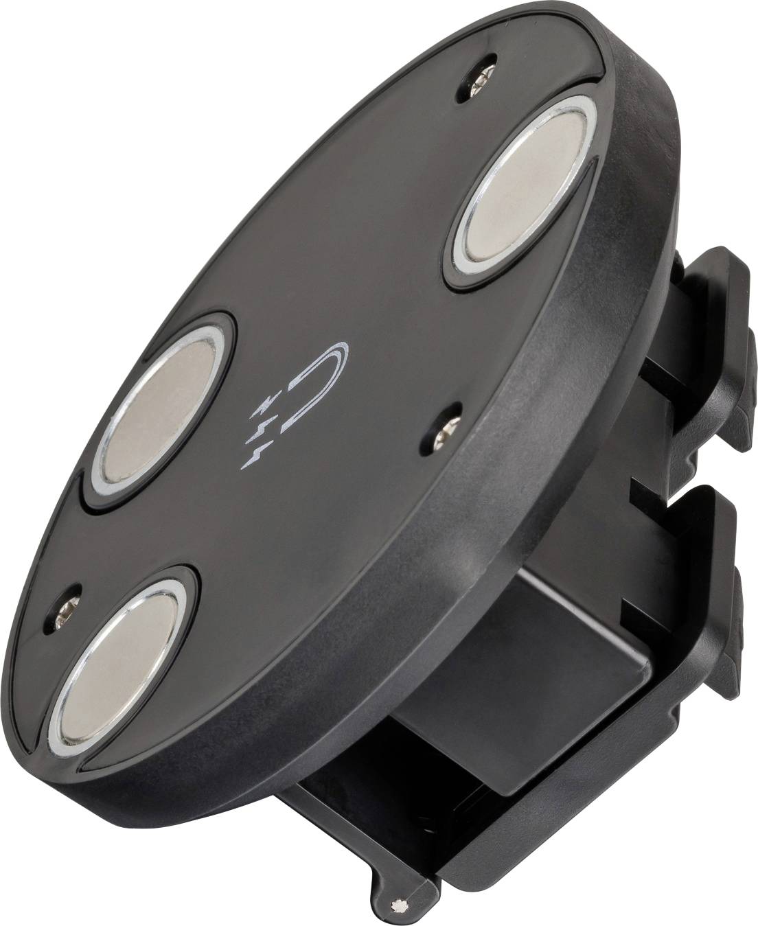 Capteur électronique rond noir ou module caméra avec trois lentilles circulaires sur un support de montage sur fond blanc
