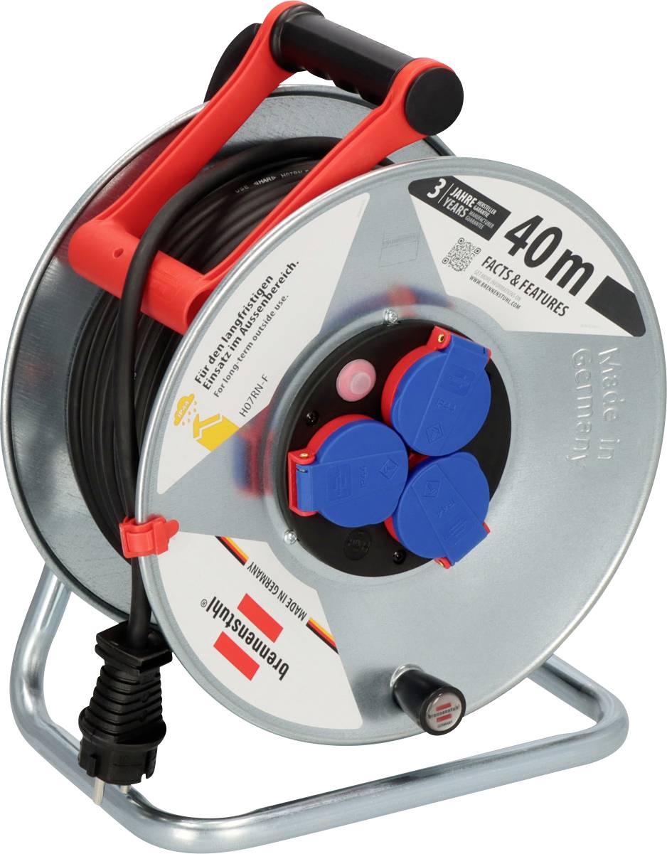 Bobine de câble portable de 40m avec poignée, cordon de rallonge noir enroulé, et plusieurs prises électriques bleues sur un support métallique.