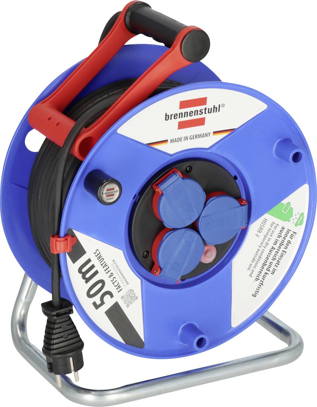 Enrouleur de câble portable bleu et rouge sur un support métallique, avec un cordon d'alimentation noir et une étiquette indiquant une longueur visible de 50 m.