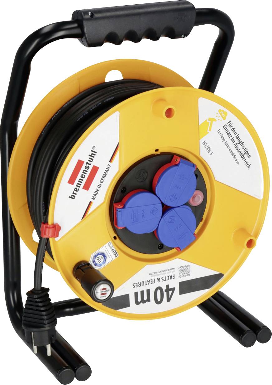 Enrouleur de câble portable avec poignée noire et tambour jaune, affichant un câble noir enroulé et des prises électriques bleues ; étiqueté 40m.