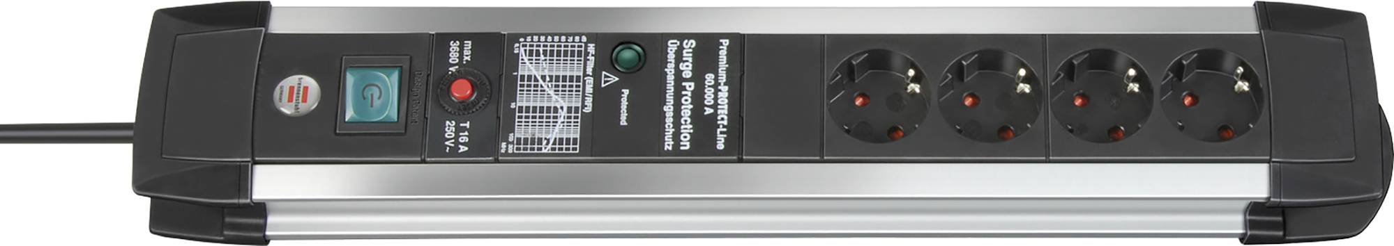 Multiprise avec parafoudre Brennenstuhl 1391000604 x4 noir, argent contact de protection 1 pc(s)