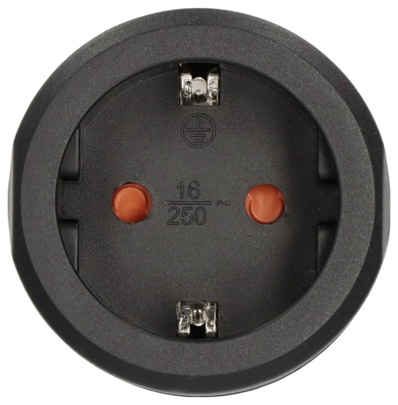 Gros plan d'une prise électrique ronde noire avec deux bouchons de sécurité orange et un marquage '16/250'.