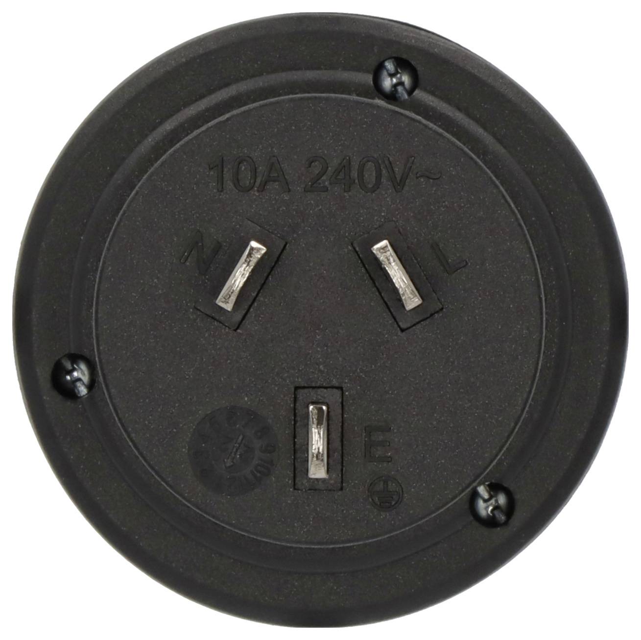 Prise électrique 10A 240V noire avec trois broches angulées, étiquetée N, L et E.