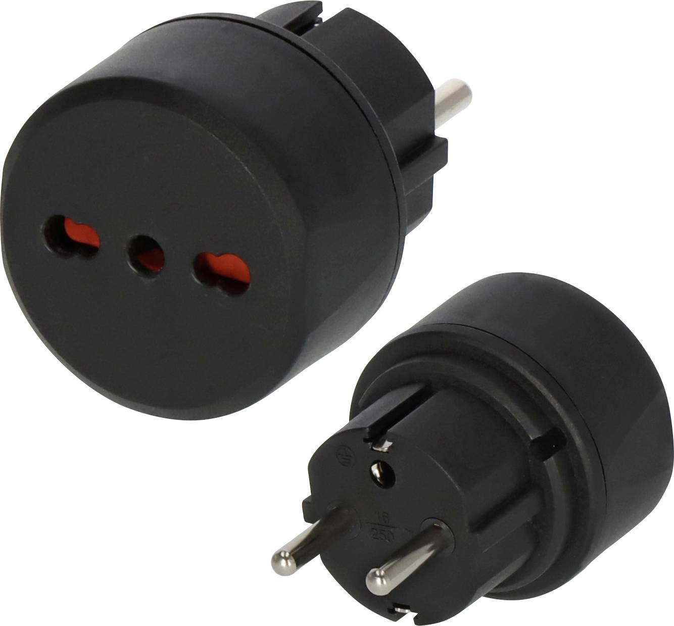 Deux adaptateurs de prise noire présentés sous des angles, chacun avec des broches rondes et des ouvertures de prise universelle pour la connexion électrique.