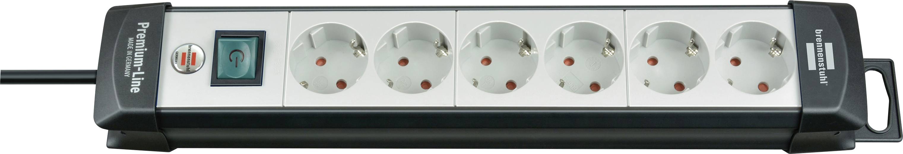 Bloc multiprise à six prises avec interrupteur d'alimentation illuminé et cordon noir attaché.