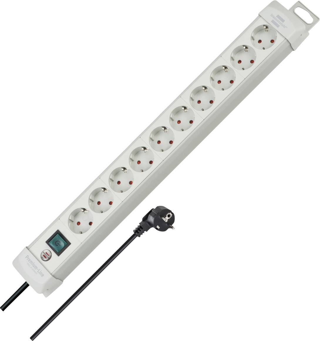 Une barrette d'alimentation blanche avec 8 prises, un interrupteur à éclairage bleu et un cordon d'alimentation noir attaché sur un fond neutre.