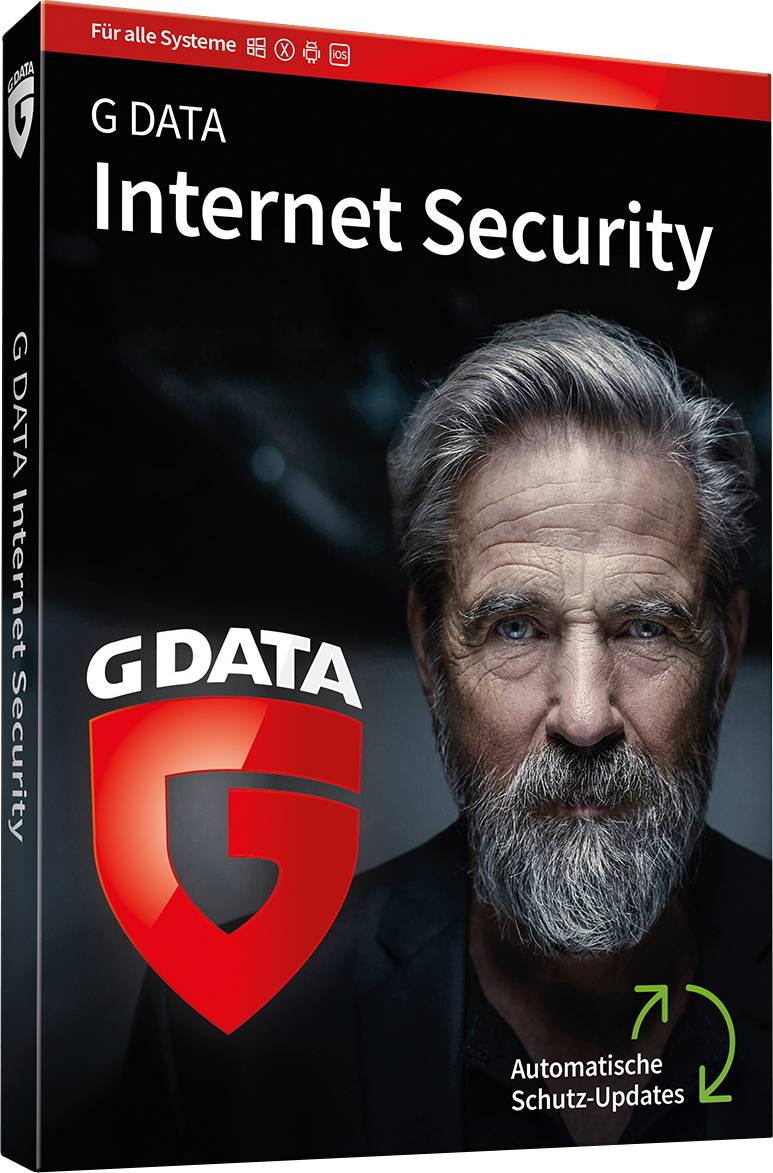 Emballage du logiciel 'G DATA Internet Security'. Affiche le logo rouge G DATA et un homme âgé en costume. Texte : 'Mises à jour de protection automatiques'.