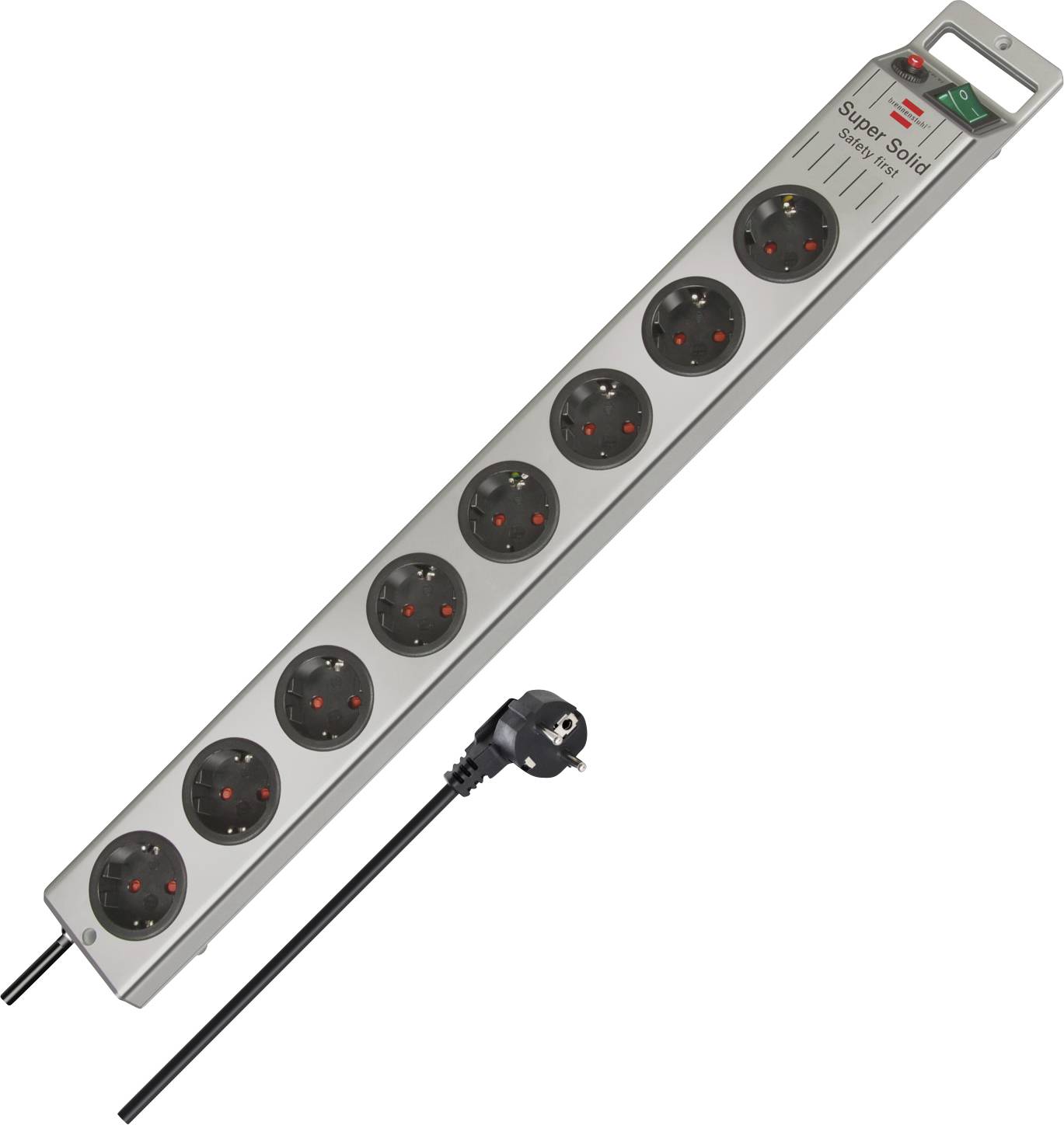 Bande d'alimentation longue en argent avec huit prises rondes, un interrupteur d'alimentation et un cordon d'alimentation noir attaché sur un fond blanc.