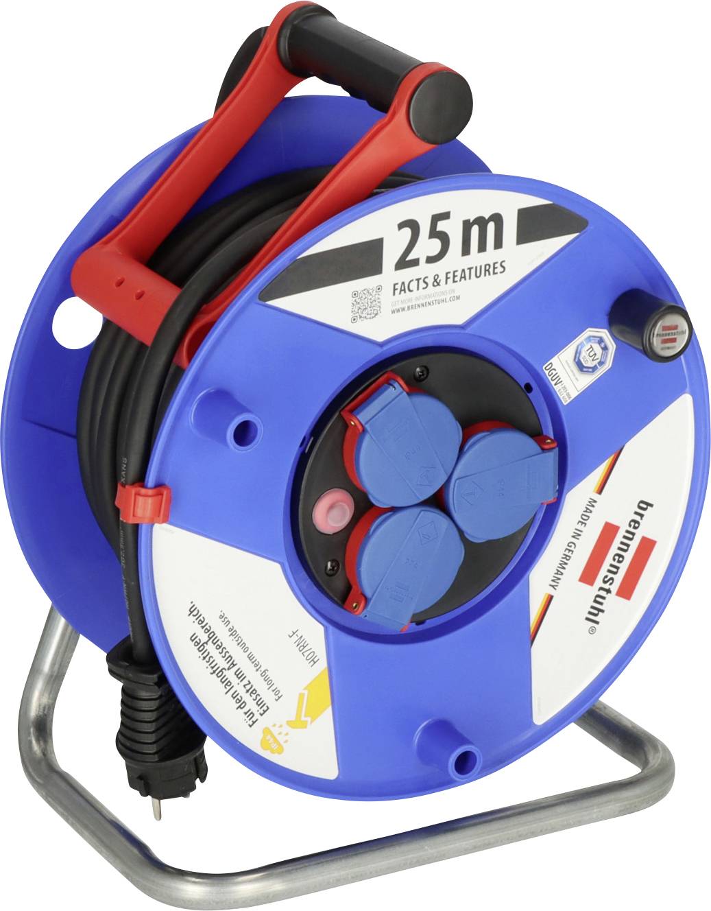Enrouleur de câble Brennenstuhl bleu sur un support métallique avec poignée rouge, trois prises de courant, et étiquette 25m pour le rangement de rallonge d'intérieur.