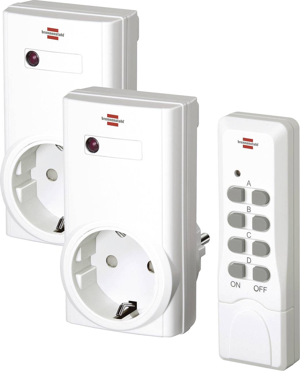 Prises de courant télécommandées sans fil avec trois prises de sortie blanches et un émetteur portatif étiqueté A, B, C, D, ON et OFF.
