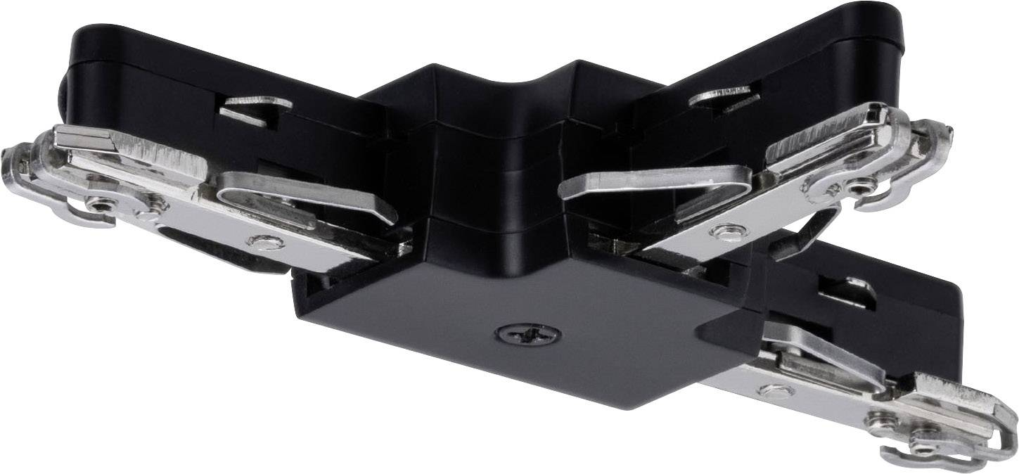 Pièce de connexion noire avec des attaches métalliques, probablement une charnière ou un support, sur fond blanc.