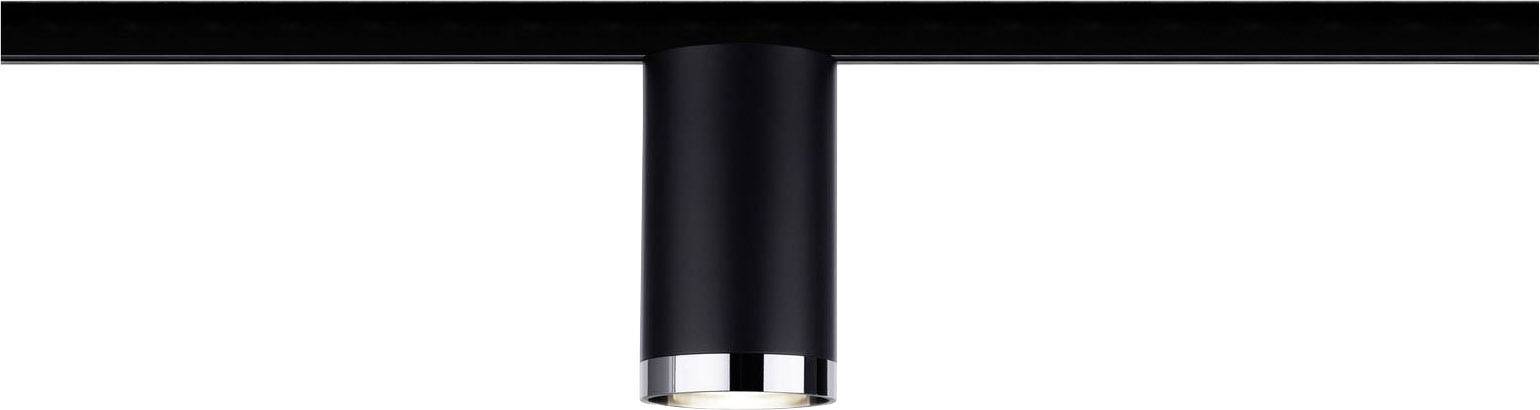 Plafonnier noir au design cylindrique avec bordure argentée, monté sur une tige, éclairant vers le bas.