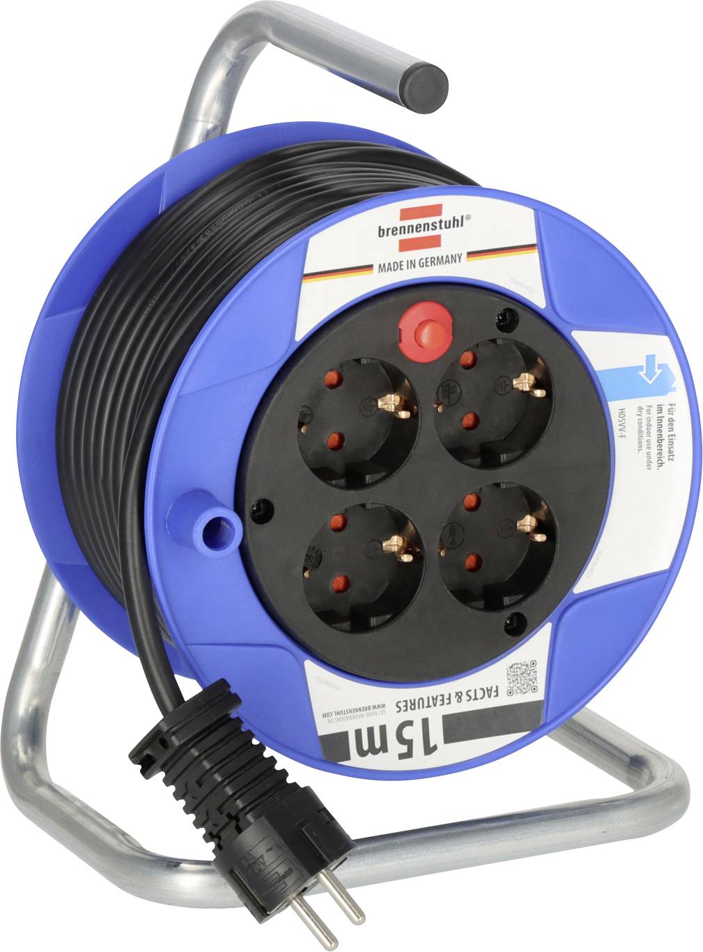 Bobine de rallonge bleue avec poignée métallique, quatre prises de courant, fiche d'alimentation et câble noir enroulé.