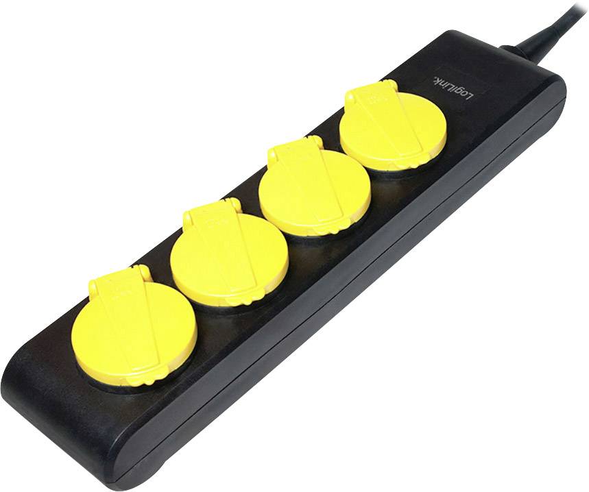 Barrette d'alimentation noire avec quatre cache-prises jaunes, adaptée pour une sécurité renforcée.