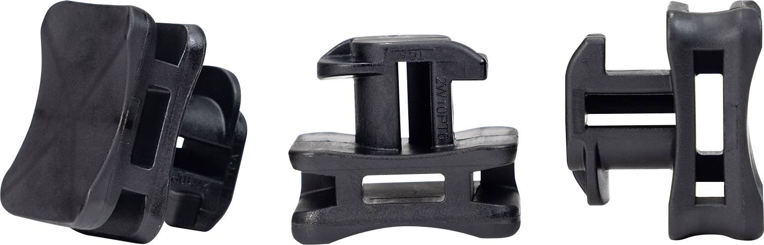 Trois pièces en plastique noir, orientées différemment. Elles ont une forme rectangulaire avec des découpes et des fixations à pince.