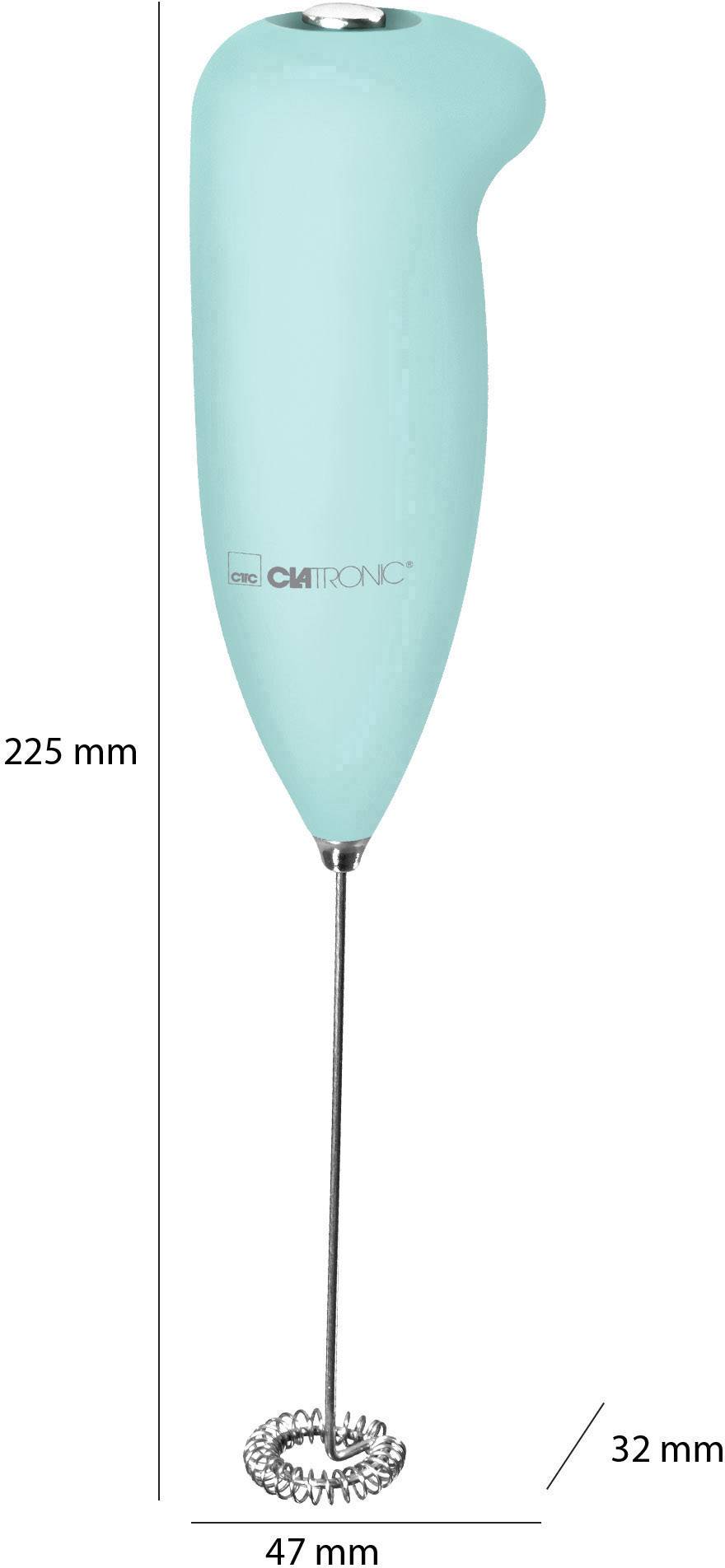 Un mousseur à lait bleu de la marque Clatronic avec embout spiralé. Dimensions : 225 mm de hauteur, 47 mm de largeur, 32 mm de profondeur.