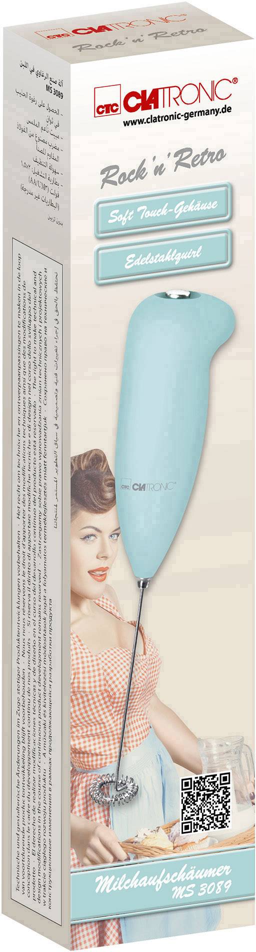 Emballage d'un mousseur à lait électrique en turquoise. Inscription 'Rock n' Retro'. Contient une image d'une femme dans un style rétro.