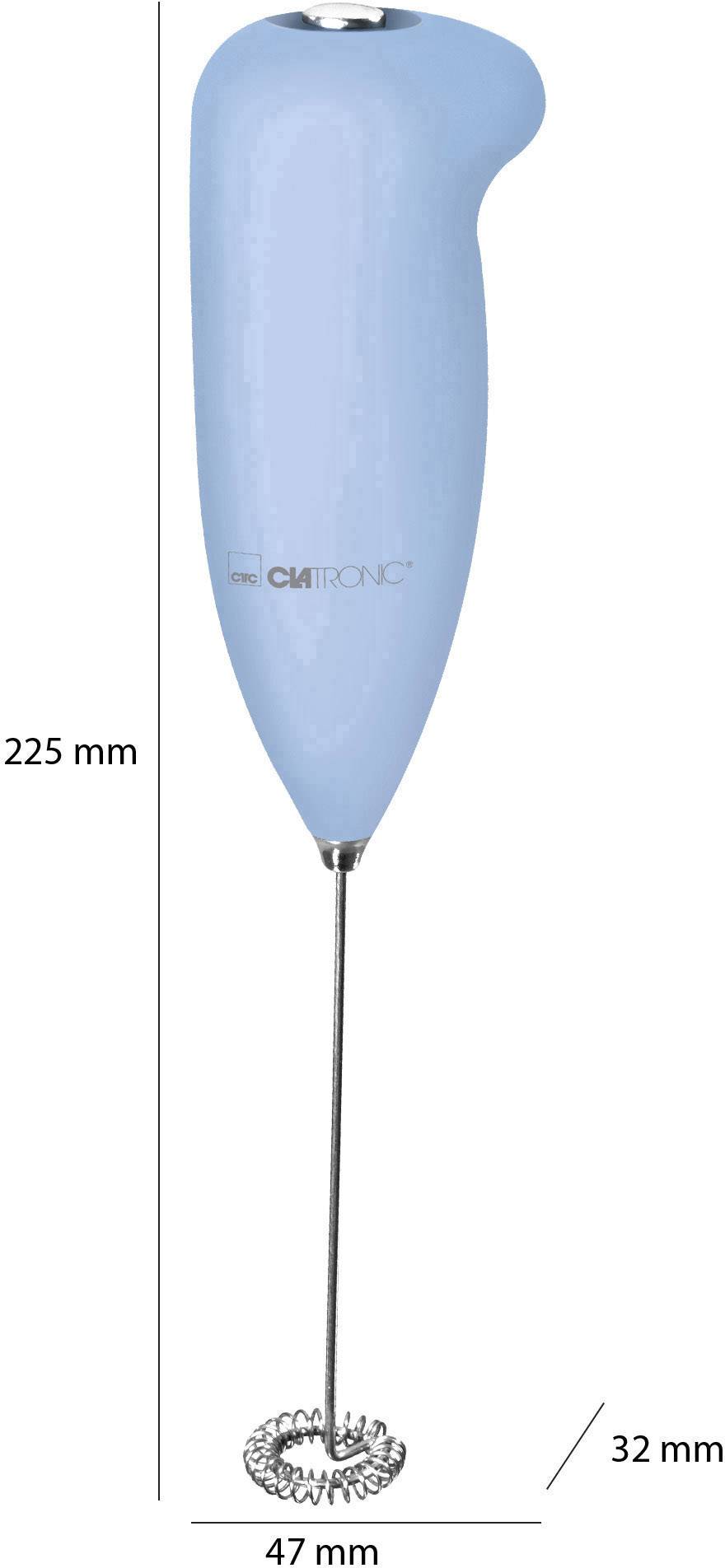 Mousseur à lait électrique à main en bleu avec embout spiralé. Hauteur : 225 mm, Largeur : 47 mm.