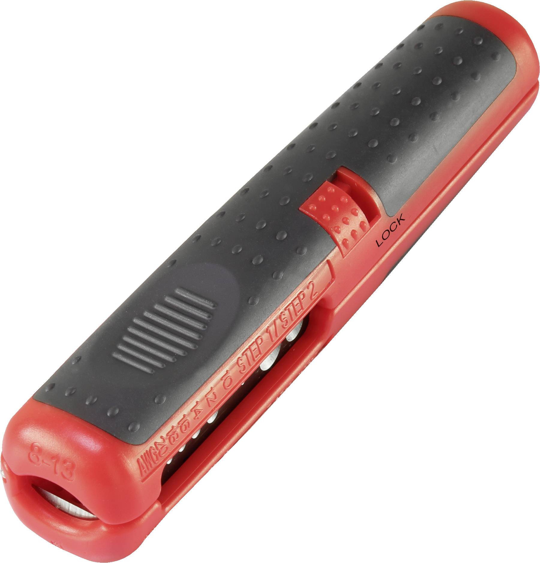 Affûteur de couteaux rouge et gris, compact avec deux niveaux d'affûtage. Adapté aux petits couteaux de cuisine.