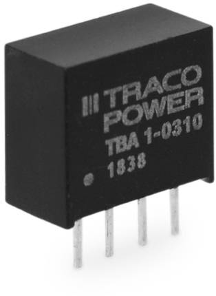 Un composant électronique noir portant l'inscription 'TRACO POWER TBA 1-0310 1838', montrant quatre broches métalliques en bas.