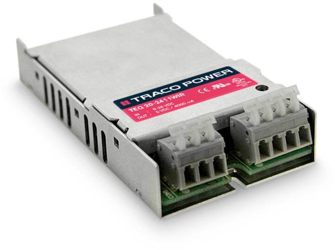 Bloc d'alimentation industriel avec deux bornes de connexion grises, un logo rouge 'TRACO POWER' et des caractéristiques techniques sur le dessus.