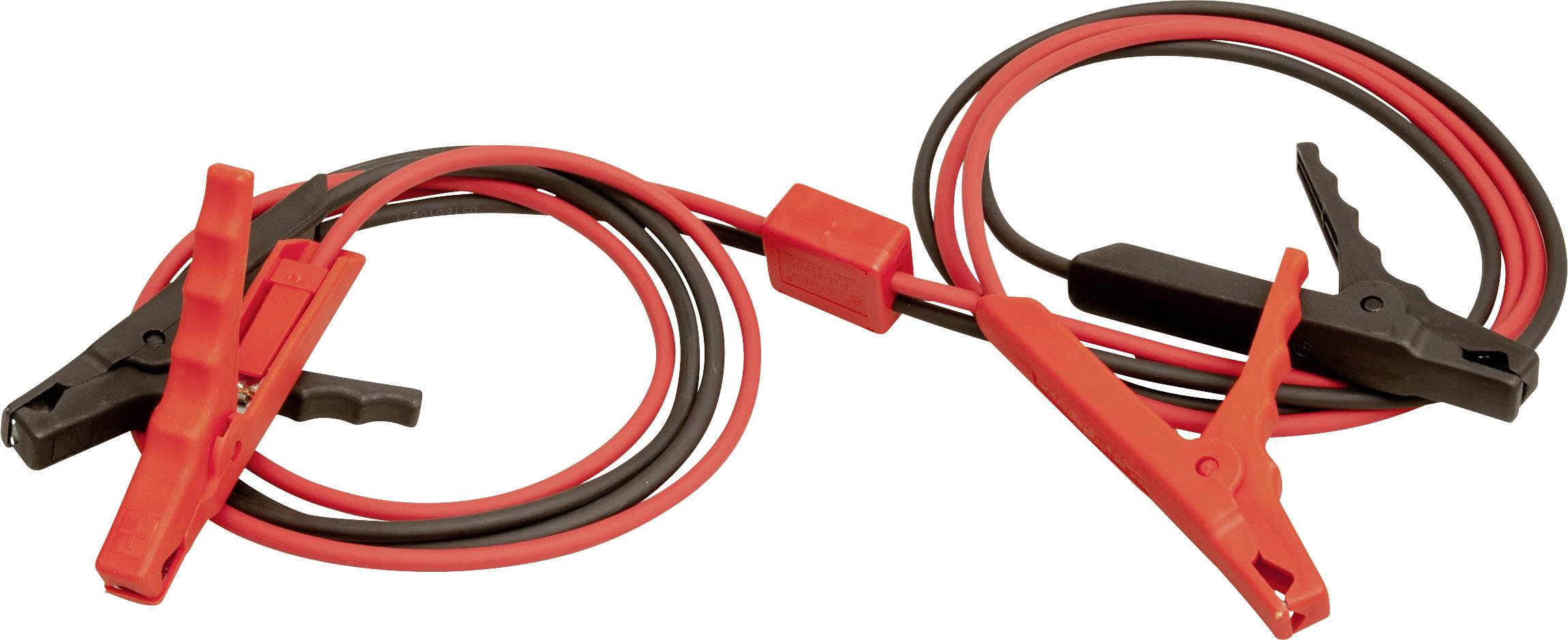 Câbles de démarrage avec pinces rouges et noires sur fond blanc, utilisés pour faire un pontage entre batteries de voiture.