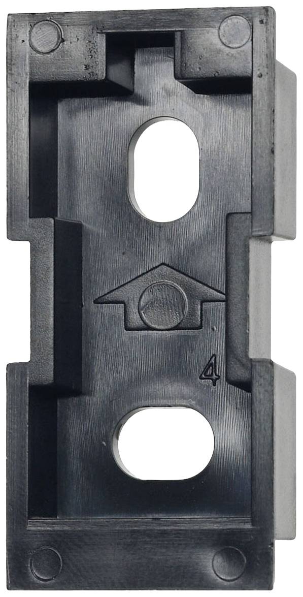Pièce en plastique noir avec un cadre rectangulaire, deux trous ovales pour la fixation et un symbole de flèche au centre.