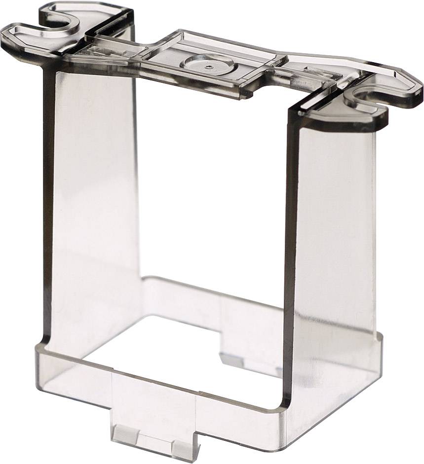 Support de fusible en plastique, transparent, rectangulaire, avec un crochet en haut pour la fixation, utilisé pour une installation sécurisée.
