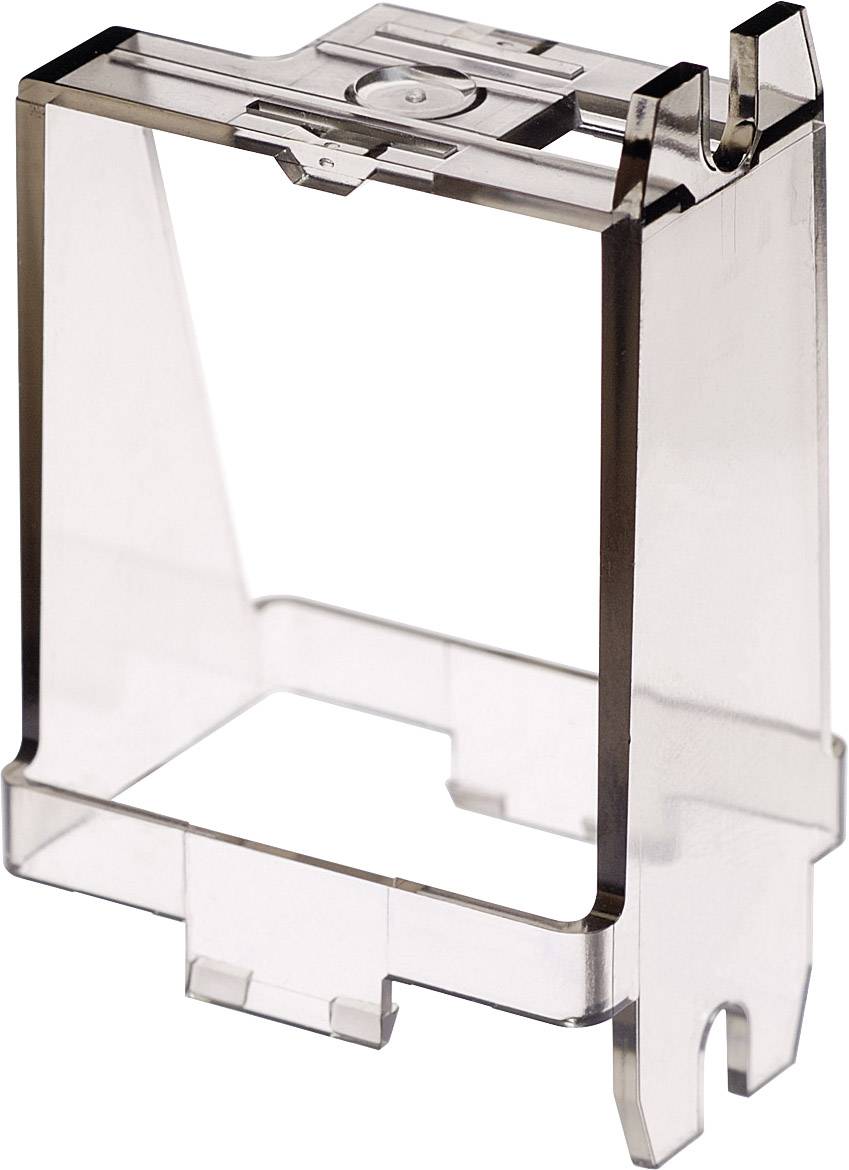 Support transparent en plastique de forme rectangulaire, positionné verticalement. Adapté pour contenir ou soutenir un petit objet.