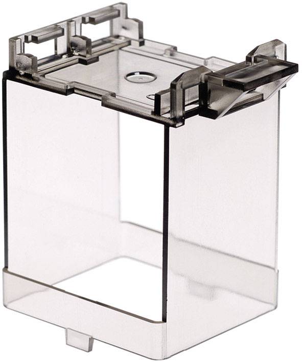 Une boîte en plastique transparente, rectangulaire, avec un couvercle ouvert et une fermeture à clips sur le dessus ; utilisée pour le rangement ou la présentation.