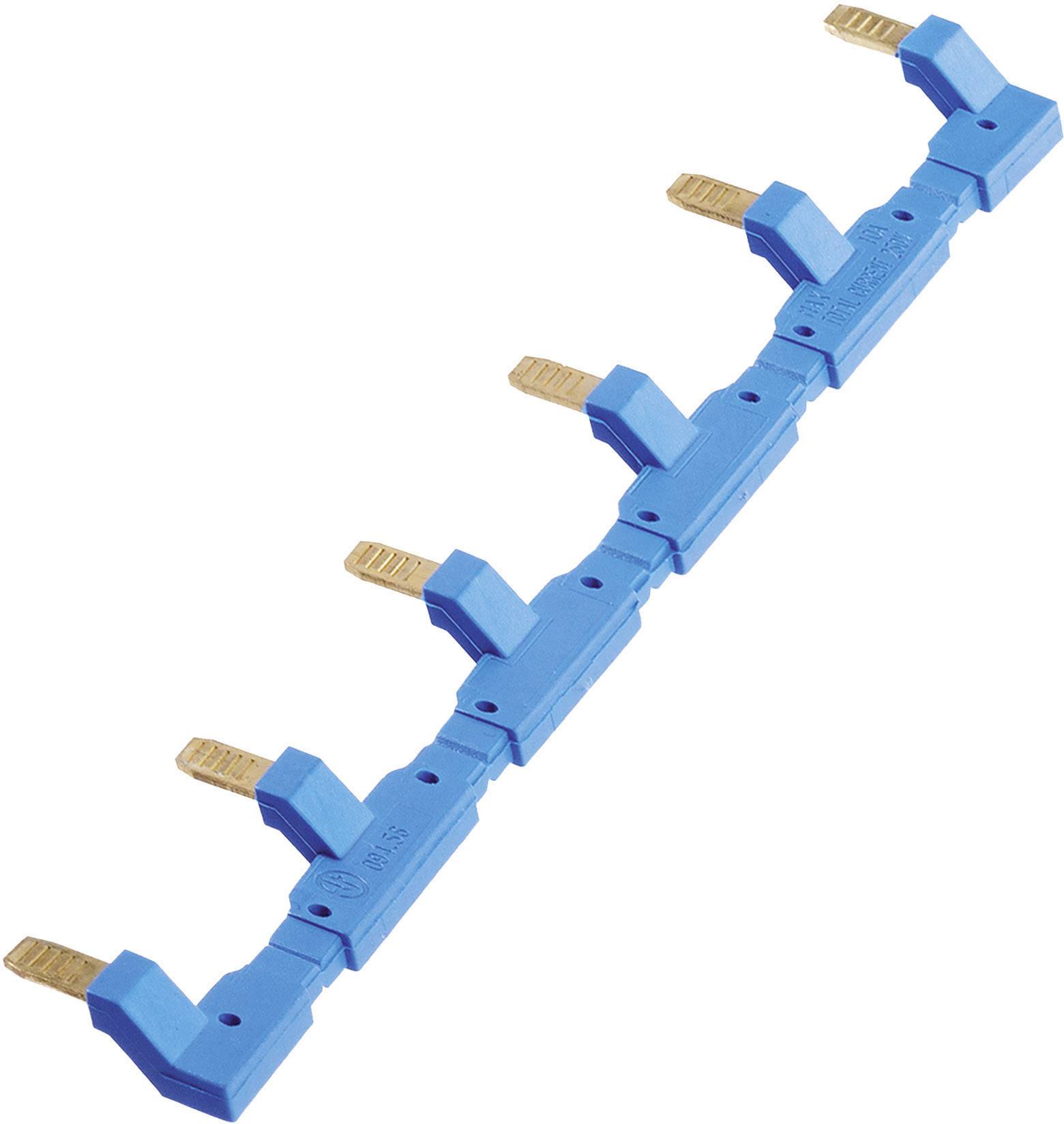 Connecteur de rail de distribution bleu avec cinq barres de cuivre, utilisé dans les installations électriques pour connecter des appareils modulaires.