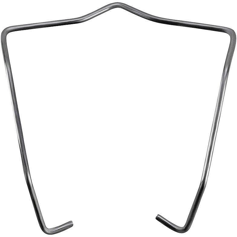 Étrier métallique en forme de flèche, probablement une partie d'un dispositif mécanique ou d'un accessoire, sur fond blanc.